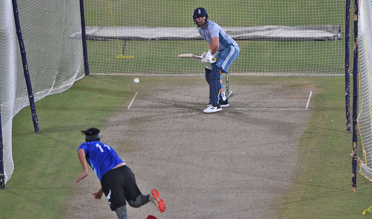 England's Phil Salt plays a shot during a practice session at the National Cricket Stadium in Karachi on September 18, 2022. (AFP)