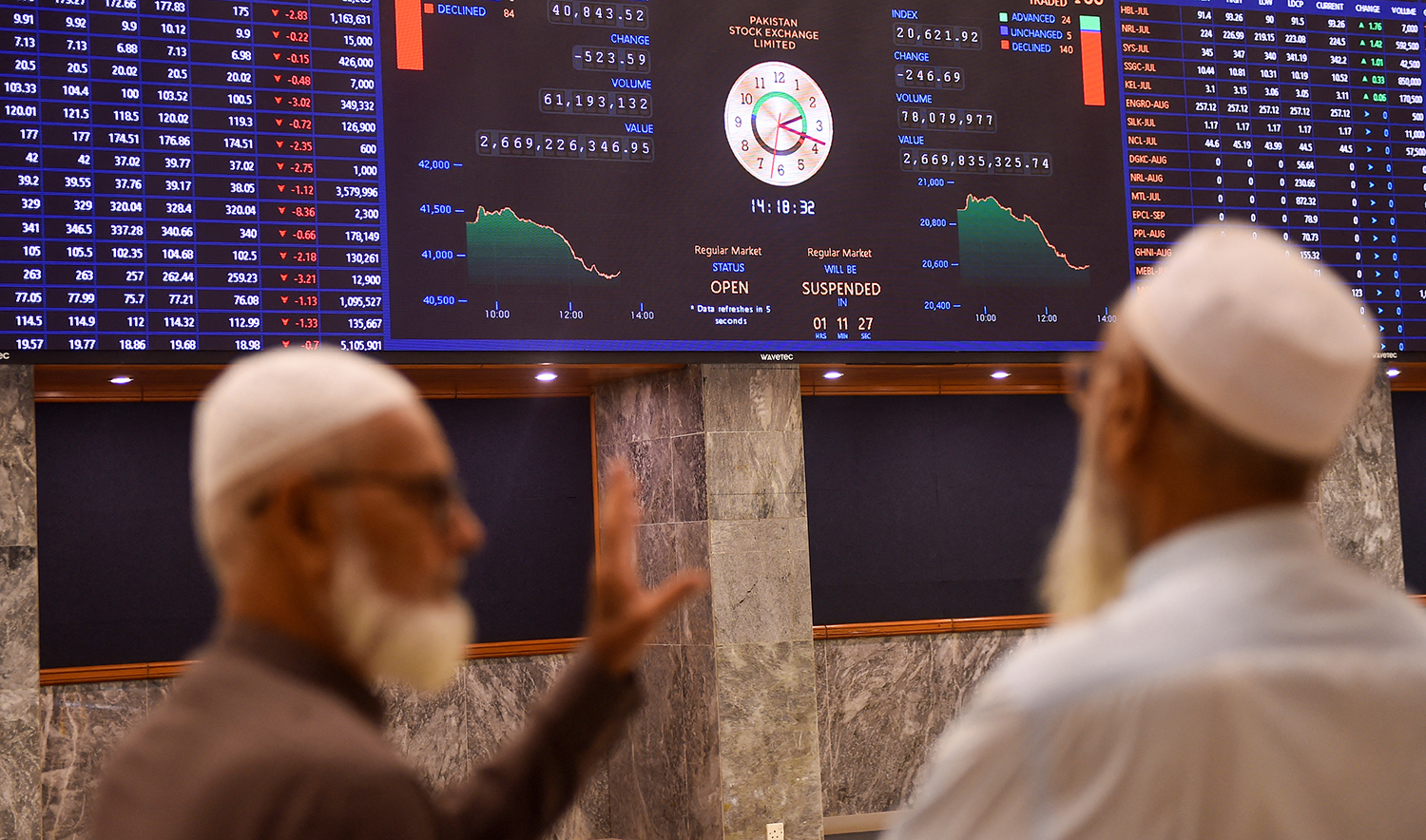 Stockbrokers speak while monitoring the share prices during a trading session at the Pakistan Stock Exchange (PSX) in Karachi on July 19, 2022. (AFP/File)