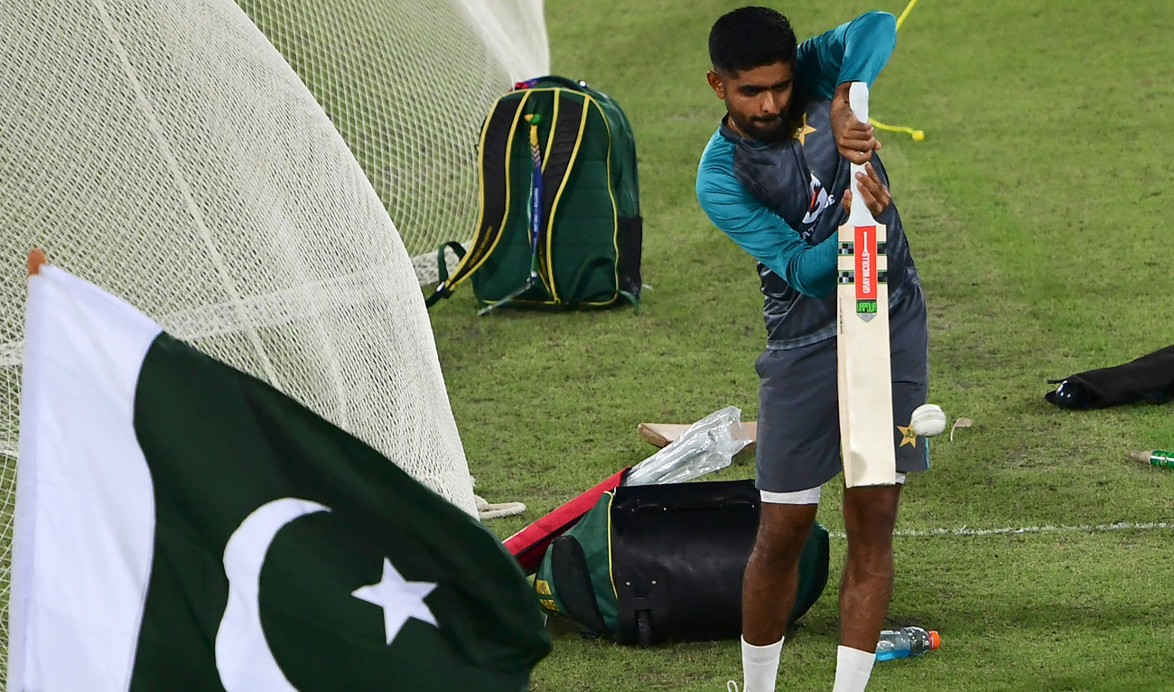 Pakistan's captain Babar Azam bats during a practice session at the National Cricket Stadium in Karachi, Sindh-Pakistan on September 19, 2022, on the eve of their first Twenty20 international cricket match against England. (AFP)