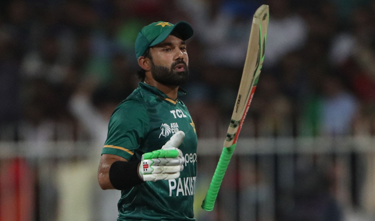 Pakistan's Mohammad Rizwan reacts after being dismissed during the Asia Cup Twenty20 international cricket Super Four match between Afghanistan and Pakistan at the Sharjah Cricket Stadium in Sharjah on September 7, 2022. (AFP)