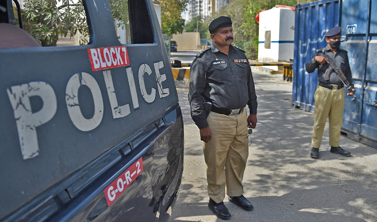 Police stand guard in Karachi, Pakistan, on April 15, 2021. (AFP/File)