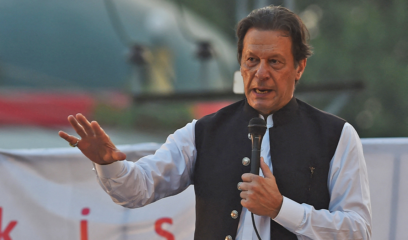 Former Pakistan's prime minister Imran Khan speaks during a lawyers convention in Lahore, Pakistan, on September 21, 2022. (AFP)