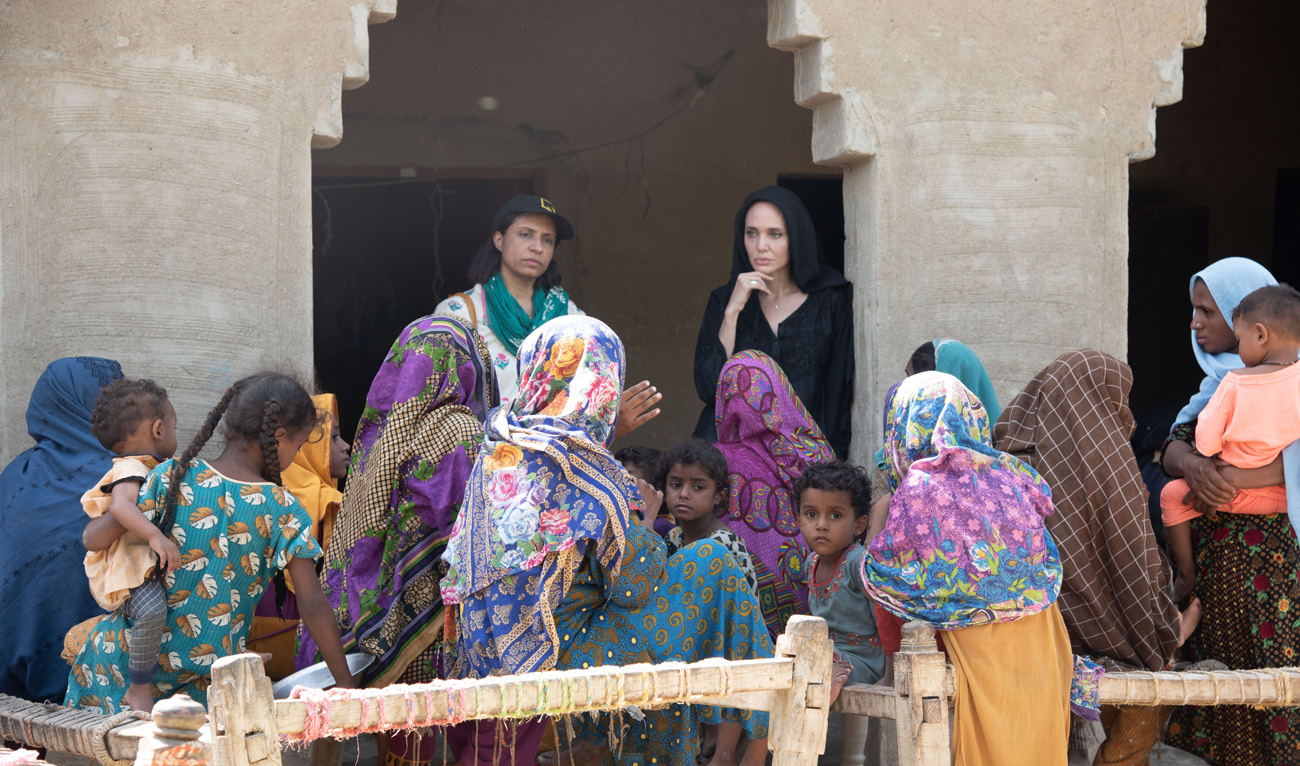 Hollywood actress and humanitarian Angelina Jolie meets people displaced by cataclysmic floods in Pakistan on September 21, 2022. (IRC)