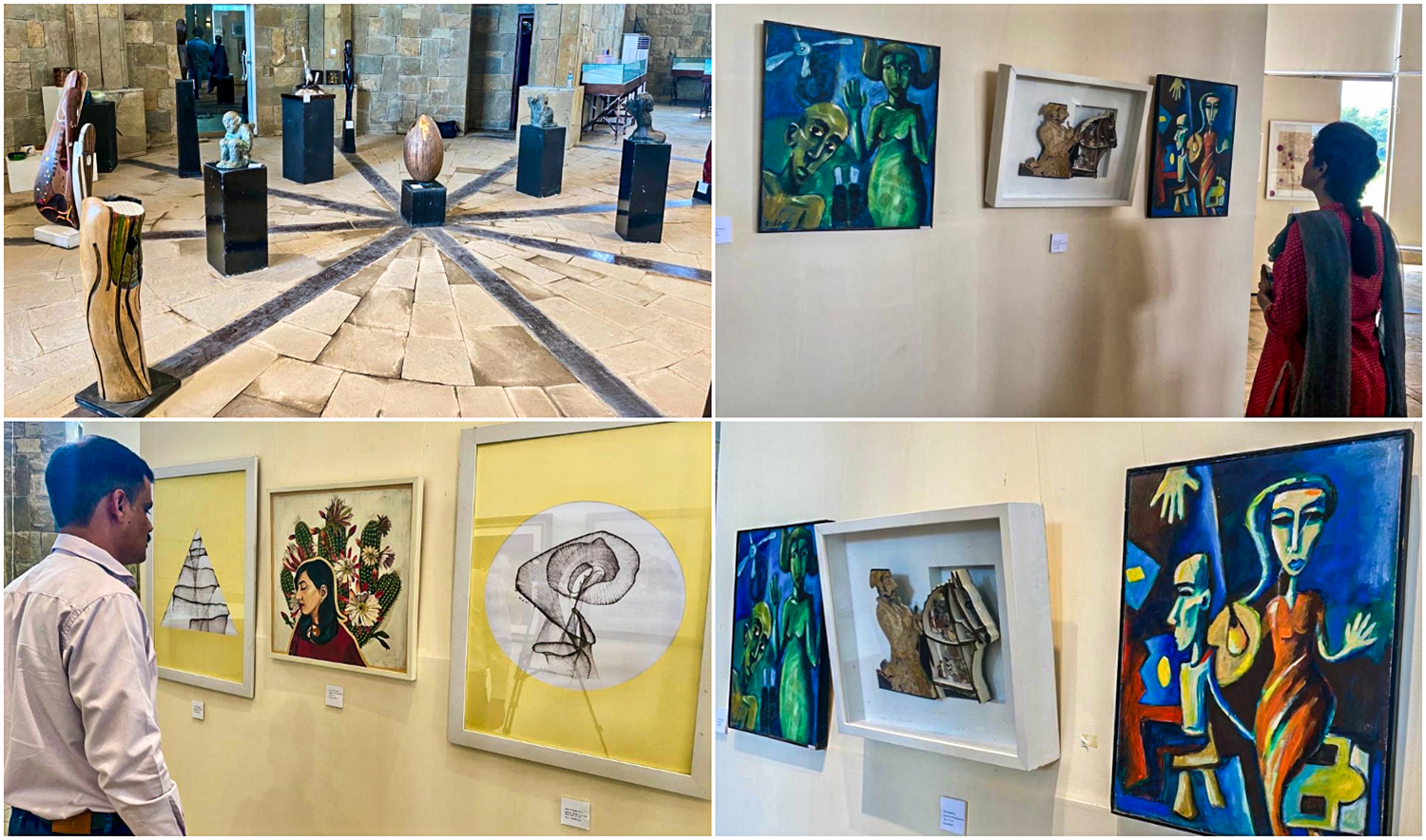 A combination of photos shows visitors looking at painting and other artwork at an exhibition in Islamabad, Pakistan, on September 22, 2022. (AN photos)