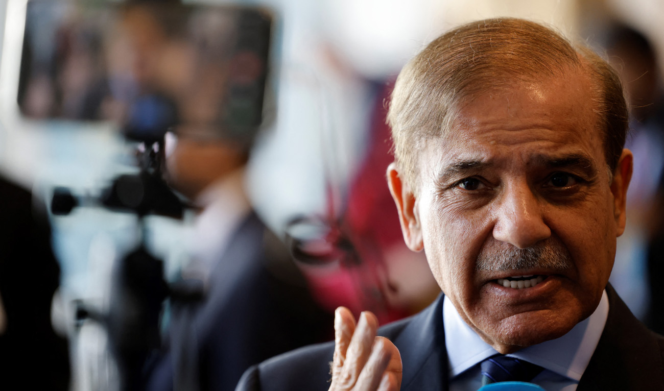 Pakistani Prime Minister Shehbaz Sharif speaks to media at the 77th United Nations General Assembly at UN headquarters in New York City on September 20, 2022. (AFP)