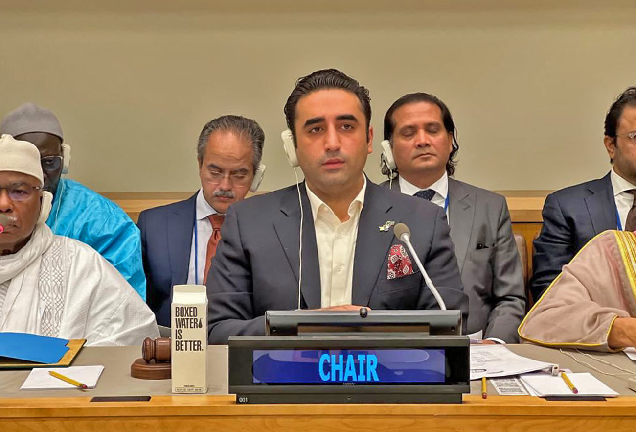 Pakistan's foreign minister Bilawal Bhutto-Zardari chairs a meeting of the Annual Coordination Meeting (ACM) of OIC foreign ministers at the UN headquarters in New York, US, on September 22, 2022. (@MediaCellPPP/Twitter)