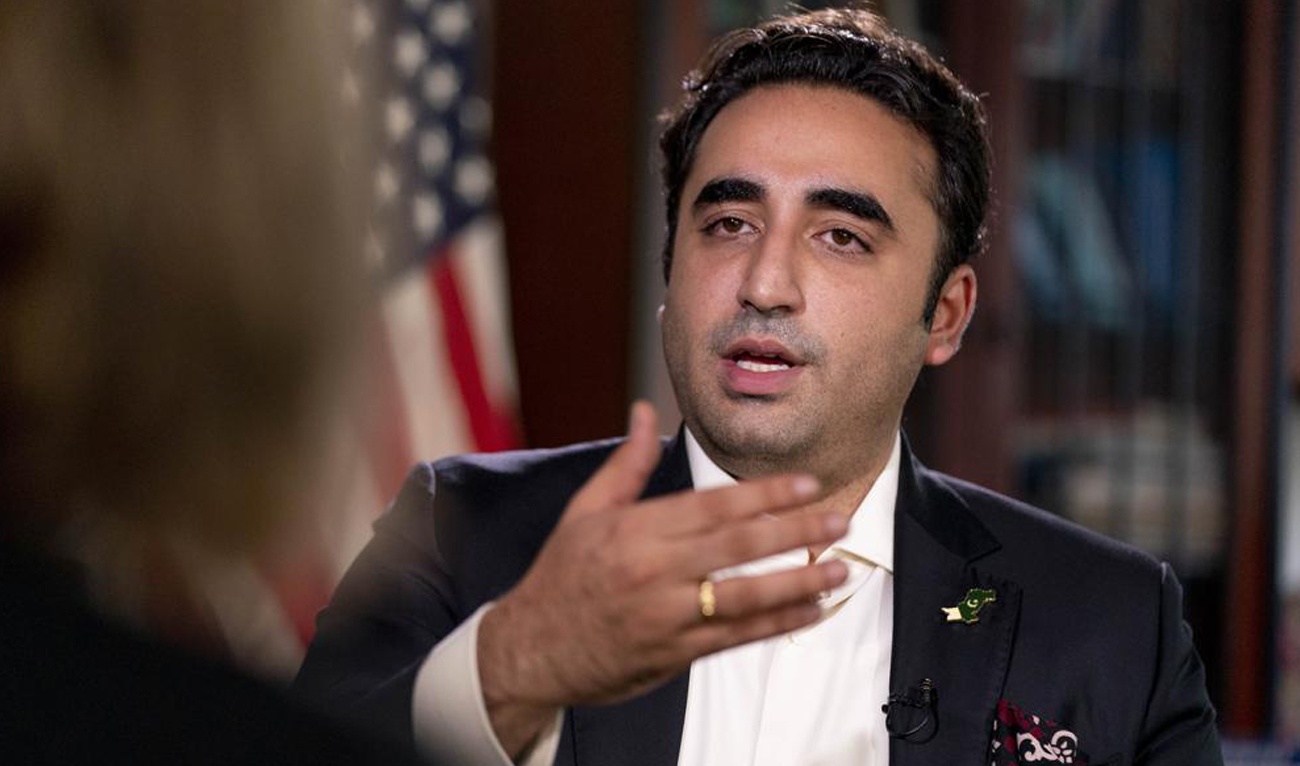Pakistani Foreign Minister Bilawal Bhutto Zardari speaks during an interview with the Associated Press at the Pakistan Embassy, in Washington, US on September 27, 2022. (AP)