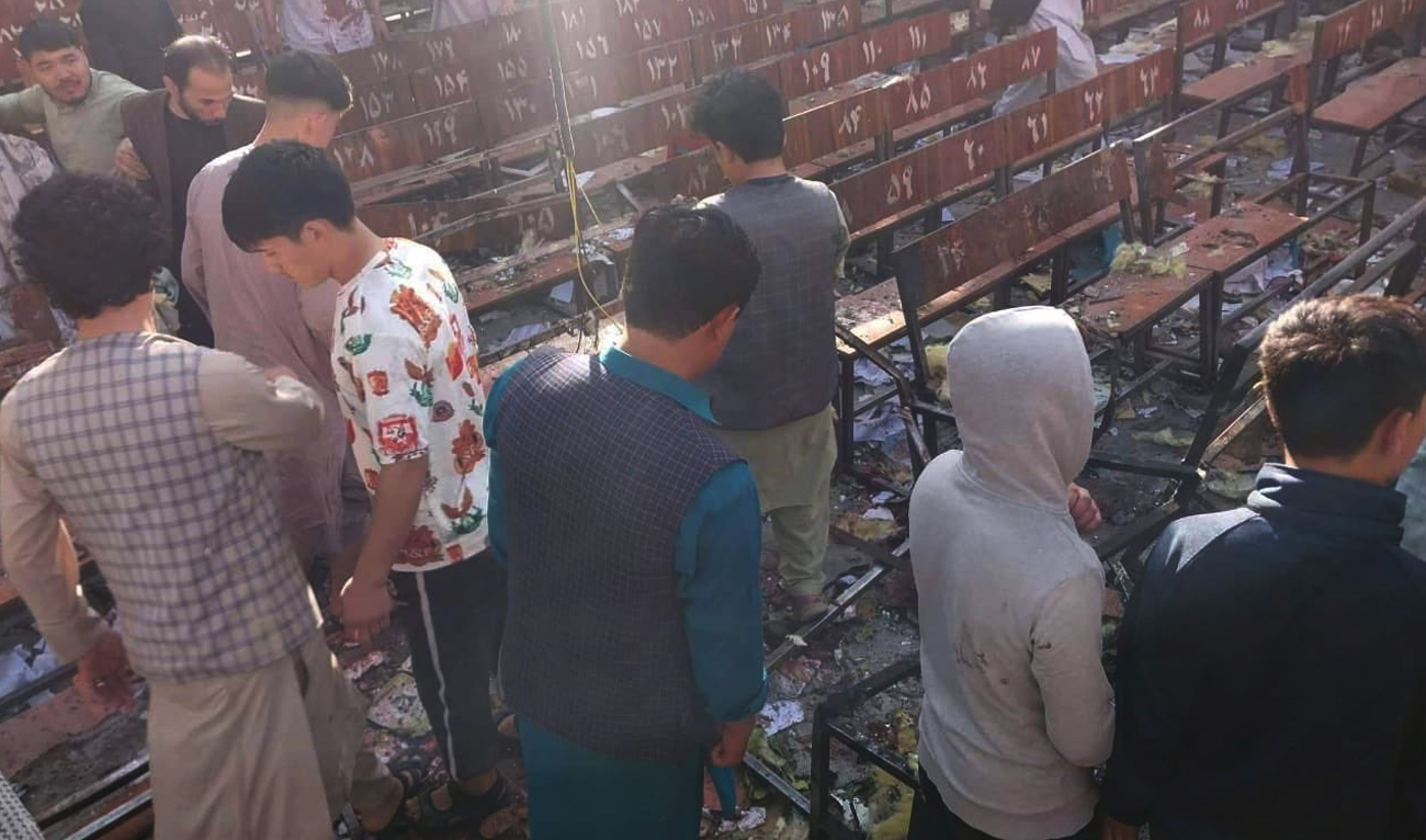 People gather after an explosion inside an examination hall of an institute in Kabul, Afghanistan on September 30, 2022. (Twitter/taahir_khan)