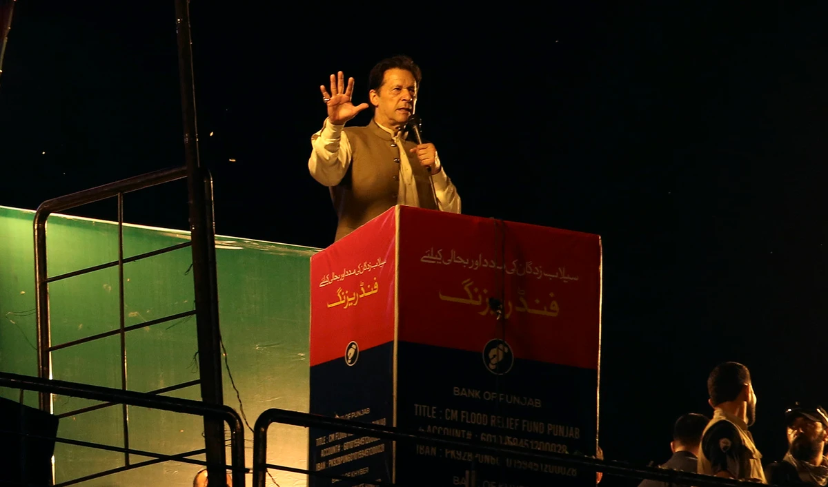 Pakistani opposition leader Imran Khan, center, addresses his party supporters during a rally in Peshawar, Pakistan, on September 6, 2022. (AP)