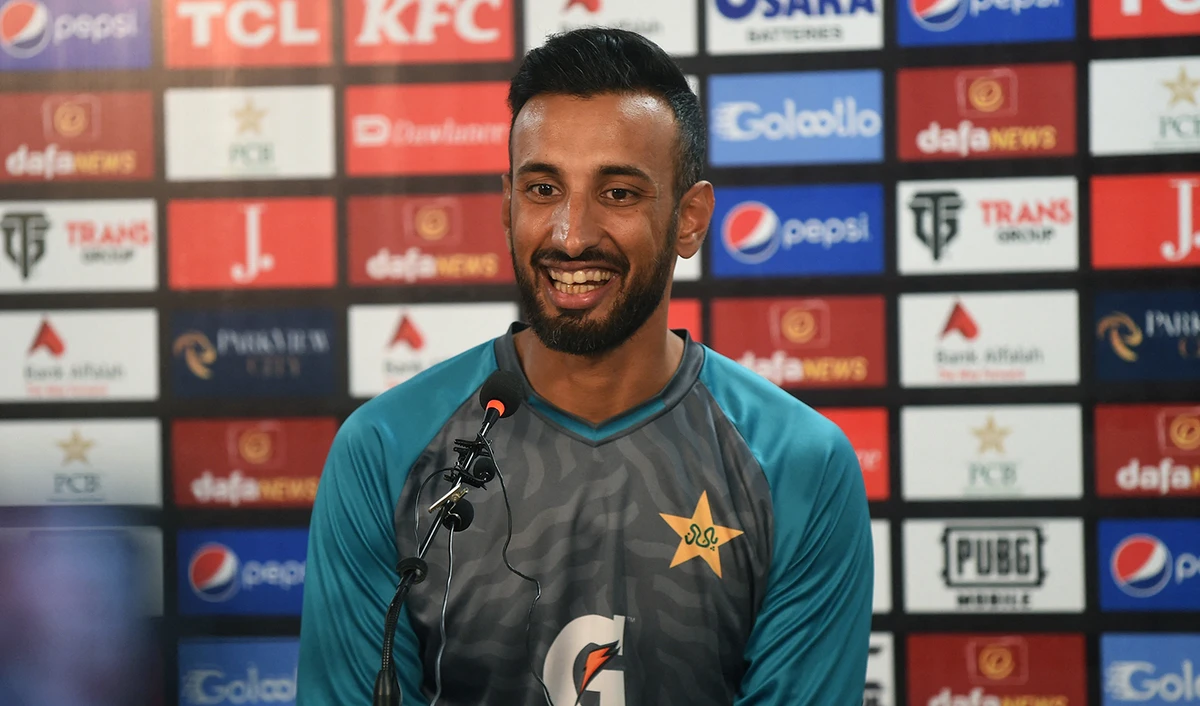 Pakistan's cricketer Shan Masood speaks during a press conference at the National Cricket Stadium in Karachi on September 17, 2022, ahead of their first Twenty20 cricket match against England. (AFP)