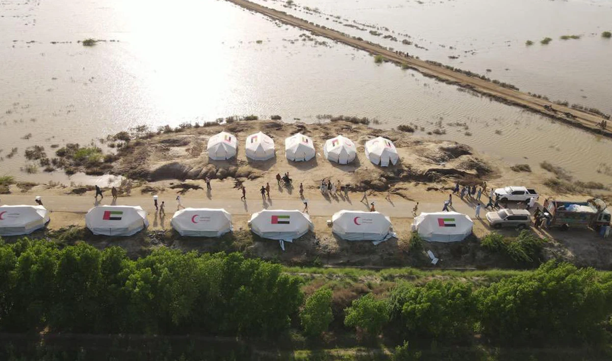 The United Arab Emirates (UAE) Red Crescent builds group camps for displaced families in Sindh, Pakistan on September 18, 2022. (Twitter/uaeembassyisb)
