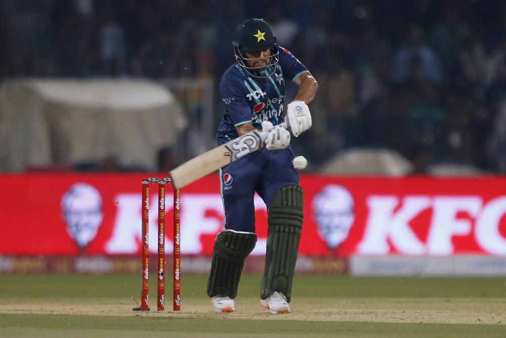 Pakistan's Haider Ali bats during the sixth twenty20 cricket match between Pakistan and England, in Lahore, Pakistan, Friday, Sept. 30, 2022. (AP)