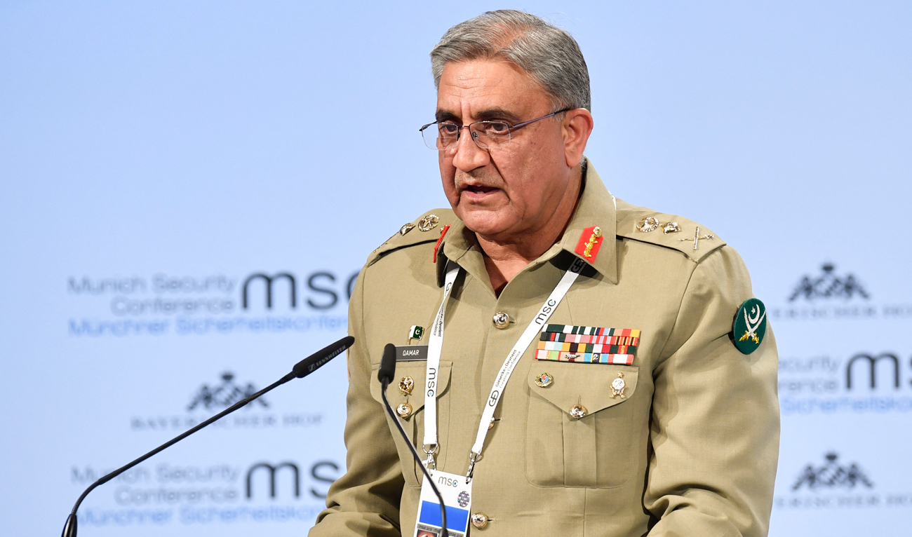 Pakistan's Chief of Army Staff Qamar Javed Bajwa gives his speech on day two of the 54th Munich Security Conference (MSC) in Munich, southern Germany, on February 17, 2018. (AFP/File)