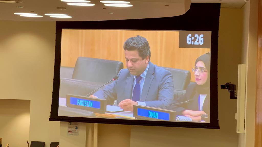 Pakistan's deputy permanent representative to the UN, Ambassador Aamir Khan speaks at the UN session on October 6, 2022. (Twitter/@G77_2022Chair)