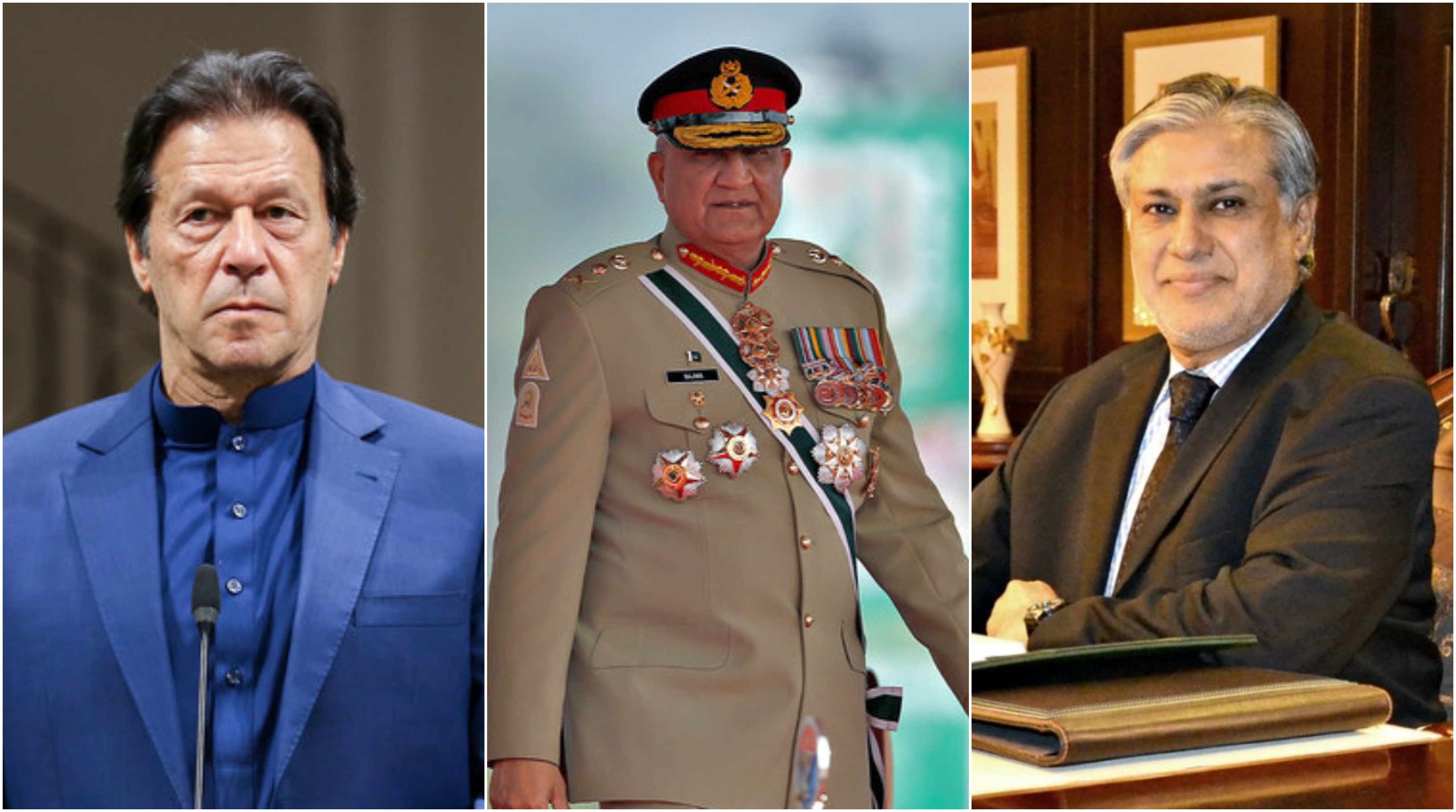 This combination of photos shows Pakistan's former prime minister Imran Khan (L), Army Chief Gen. Qamar Javed Bajwa (C) and finance minister Ishaq Dar (R).