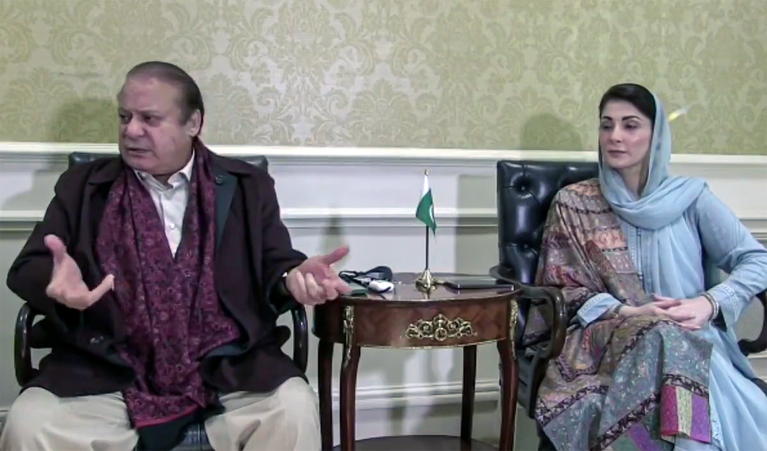 The screengrab shows Pakistan's former prime minister Nawaz Sharif, left, with his daughter Maryam Nawaz during a media talk in London on October 9, 2022. (Photo courtesy: social media)
