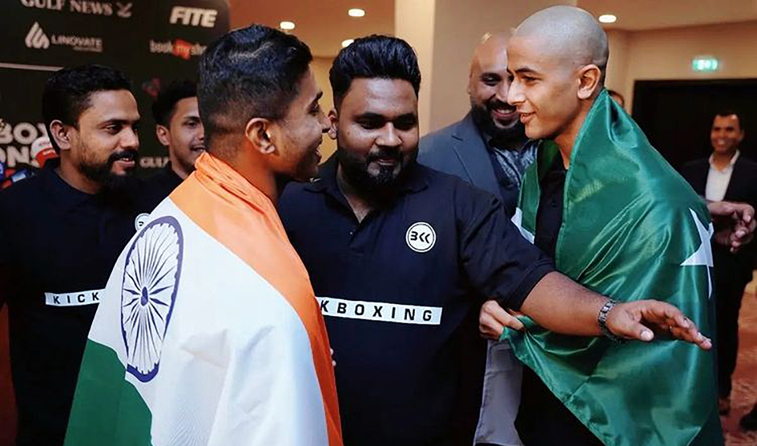 Face off between the Indian kickboxer Shuhaib Muhammad, left, and Pakistani kickboxer Abdullah Chandio in Dubai on October 4, 2022. (Photo courtesy: @shuhaib_1998/Twitter)