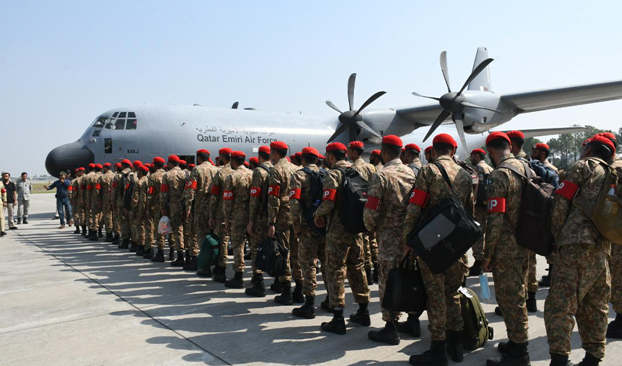 A Pakistani contingent leaving for Qatar FIFA World Cup from Nur Khan Airbase, Pakistan on October 10, 2022. (ISPR)