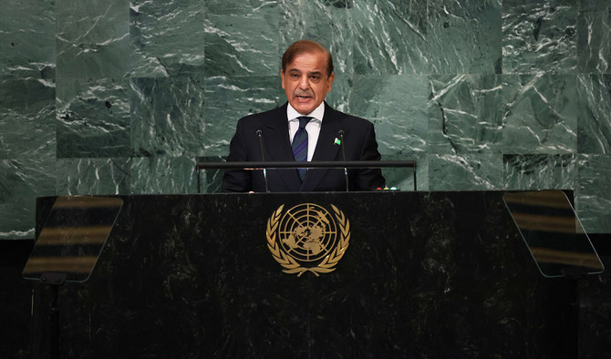 Pakistan Prime Minister Shehbaz Sharif speaks at the 77th session of the United Nations General Assembly at UN headquarters in New York, US, on September 23, 2022. (AFP)