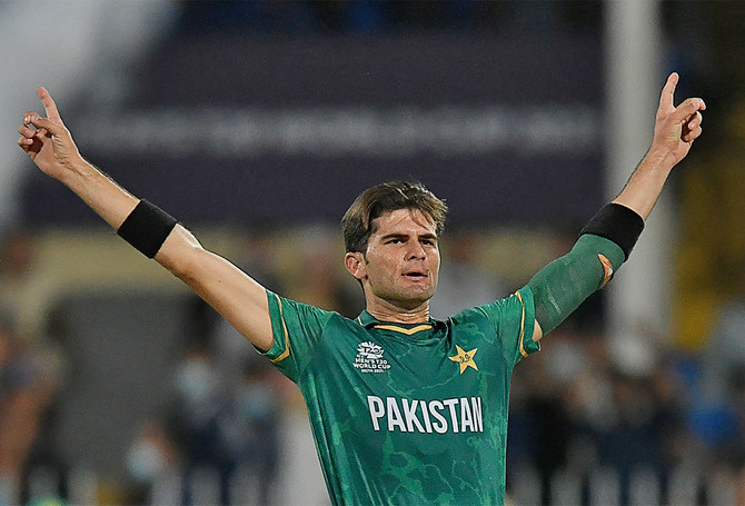 Pakistan's Shaheen Shah Afridi celebrates after the dismissal of Scotland's Michael Leask during the ICC men’s Twenty20 World Cup cricket match against Scotland in Sharjah, UAE, on November 7, 2021. (AFP/File)