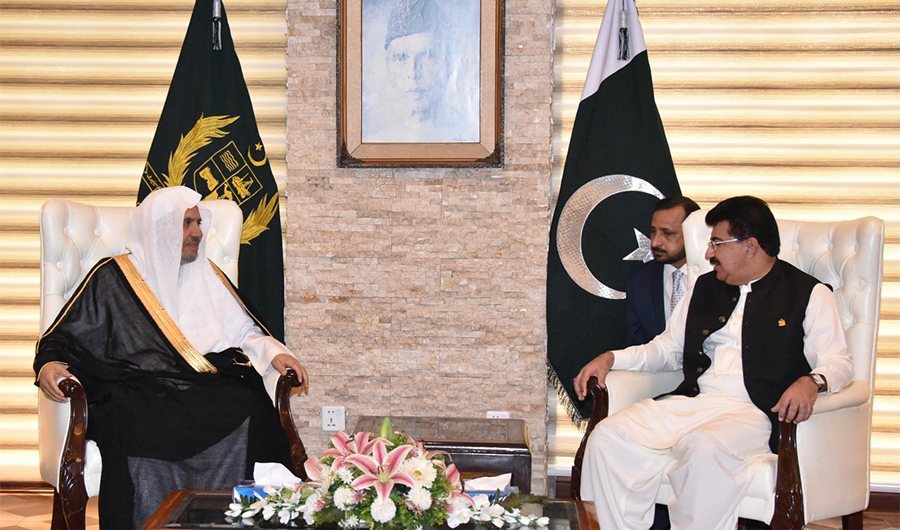 The secretary general of the Muslim World League, Dr. Mohammad bin Abdulkarim Al-Issa (L), meets with Pakistani chairman senate Muhammad Sadiq Sanjrani (R), in Islamabad Pakistan, on October 11, 2022. (Photo Courtesy: Senate of Pakistan)