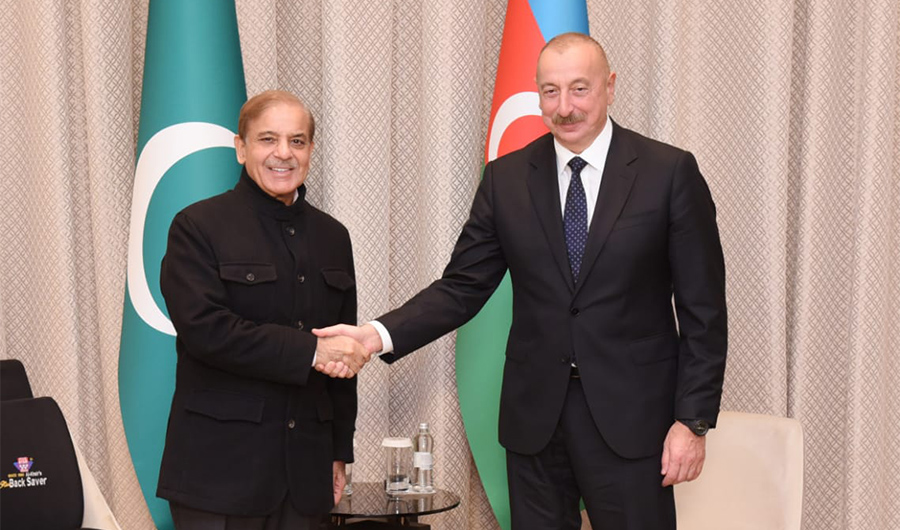 Pakistan's Prime Minister, Shehbaz Sharif (L) meets the President of Azerbaijan, Ilham Aliyev on the sidelines of the CICA Summit at Astana, Kazakhstan on October 12, 2022. (Pakistan PM office)