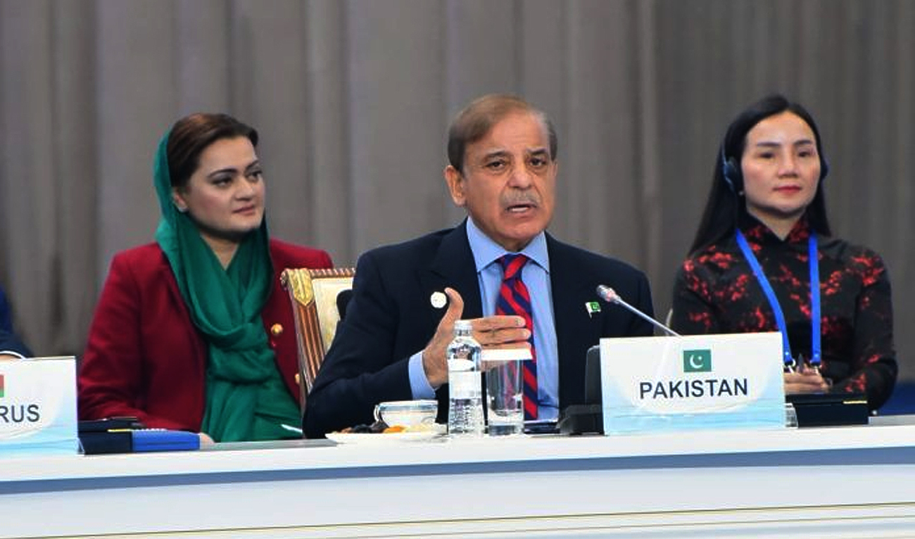 Pakistan Prime Minister Shehbaz Sharif addresses the Sixth Summit of the Conference on Interaction and Confidence Building Measures in Asia (CICA) in Astana, Kazakhstan on October 13, 2022. (Twitter/GovtOfPakistan)