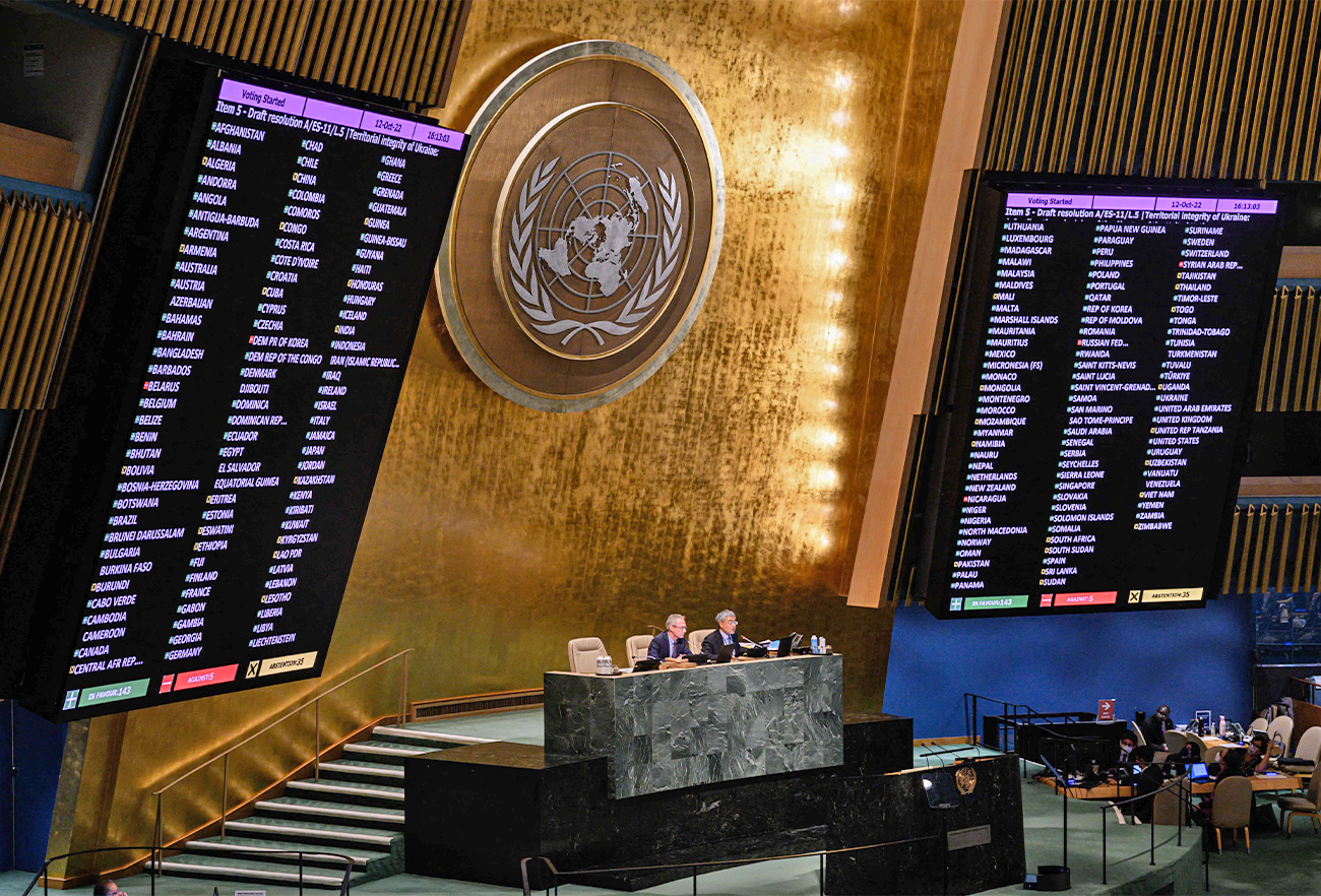 A general view shows voting results during a UN General Assembly emergency meeting to discuss Russian annexations in Ukraine at the UN headquarters in New York City, US, on October 12, 2022. (AFP)