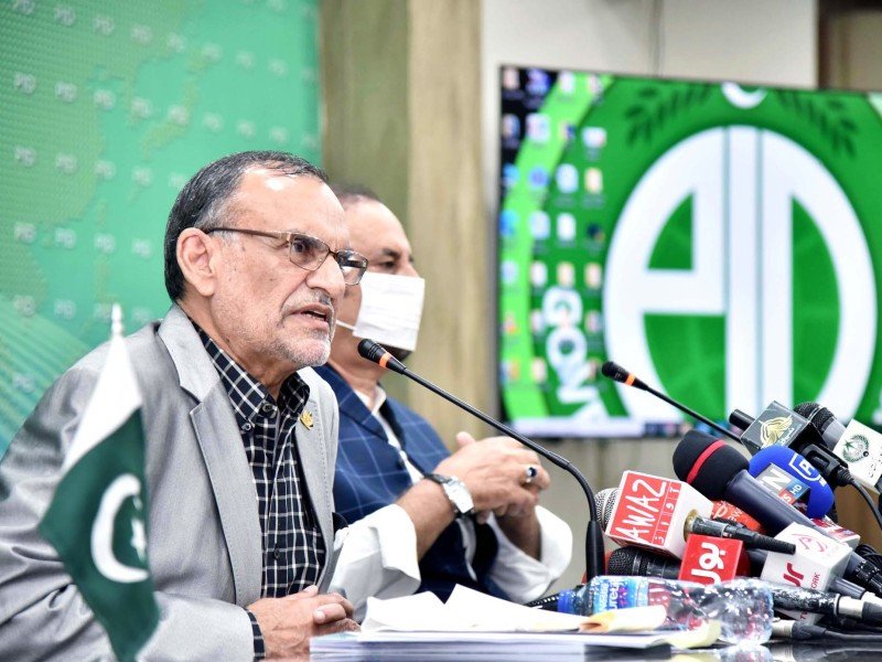 An undated photo shows former minister Azam Swati addressing journalists during a press conference in Islamabad, Pakistan. (PID/File)