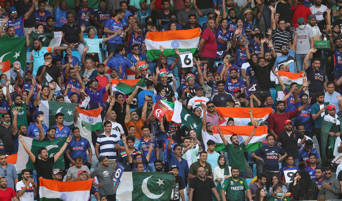 Fans cheer before the start of the Asia Cup Twenty20 international cricket Super Four match between India and Pakistan at the Dubai International Cricket Stadium in Dubai on September 4, 2022. (AFP/File)