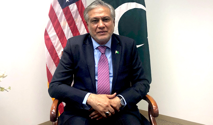Pakistani Finance Minister Ishaq Dar speaks during an interview in Washington, DC, on October 14, 2022. (AFP)