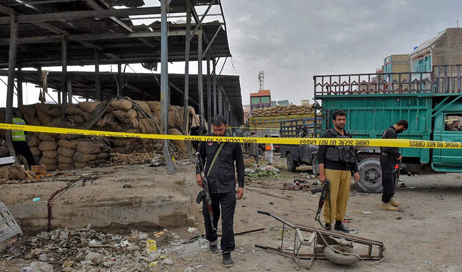 Pakistani police officials cordon off the site after a bomb blast at a fruit market in Quetta on April 12, 2019. (AFP/File)