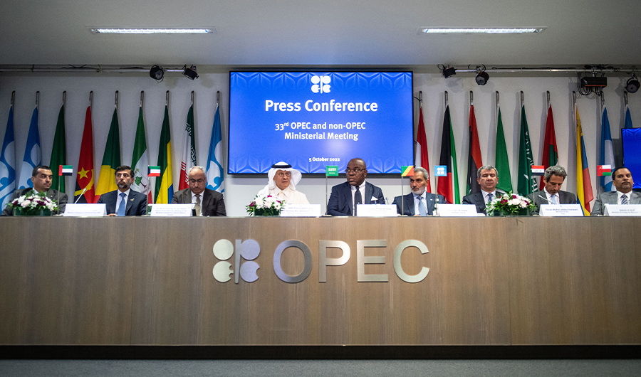 Representatives of OPEC member countries attend a press conference after the 45th Joint Ministerial Monitoring Committee and the 33rd OPEC and non-OPEC Ministerial Meeting in Vienna, Austria, on October 5, 2022. (AFP)