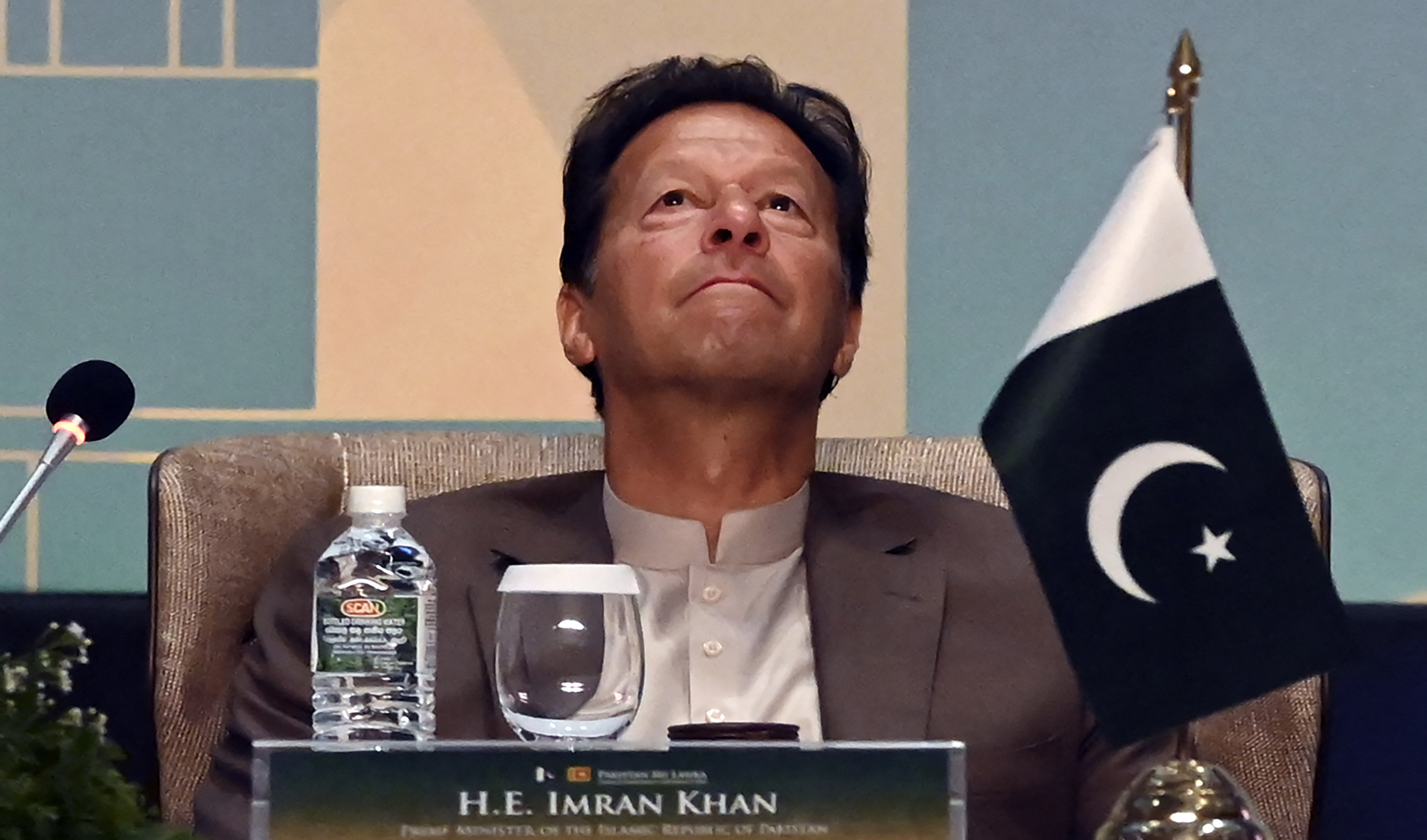 Pakistan's former prime minister Imran Khan looks on during a Trade and Investments conference in Colombo on February 24, 2021 on the second day of his official visit to Sri Lanka during his tenure. (AFP/File)