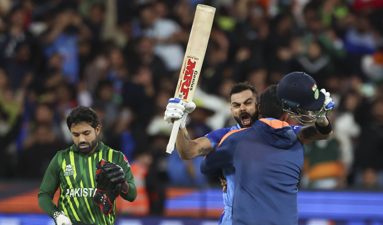 India's Virat Kohli reacts after winning the T20 World Cup cricket match against Pakistan in Melbourne, Australia, on October 23, 2022. (AP)