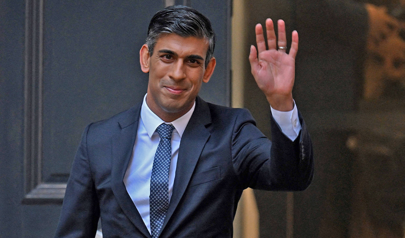New Conservative Party leader and incoming prime minister Rishi Sunak waves as he leaves from Conservative Party Headquarters in central London having been announced as the winner of the Conservative Party leadership contest, on October 24, 2022. (AFP)