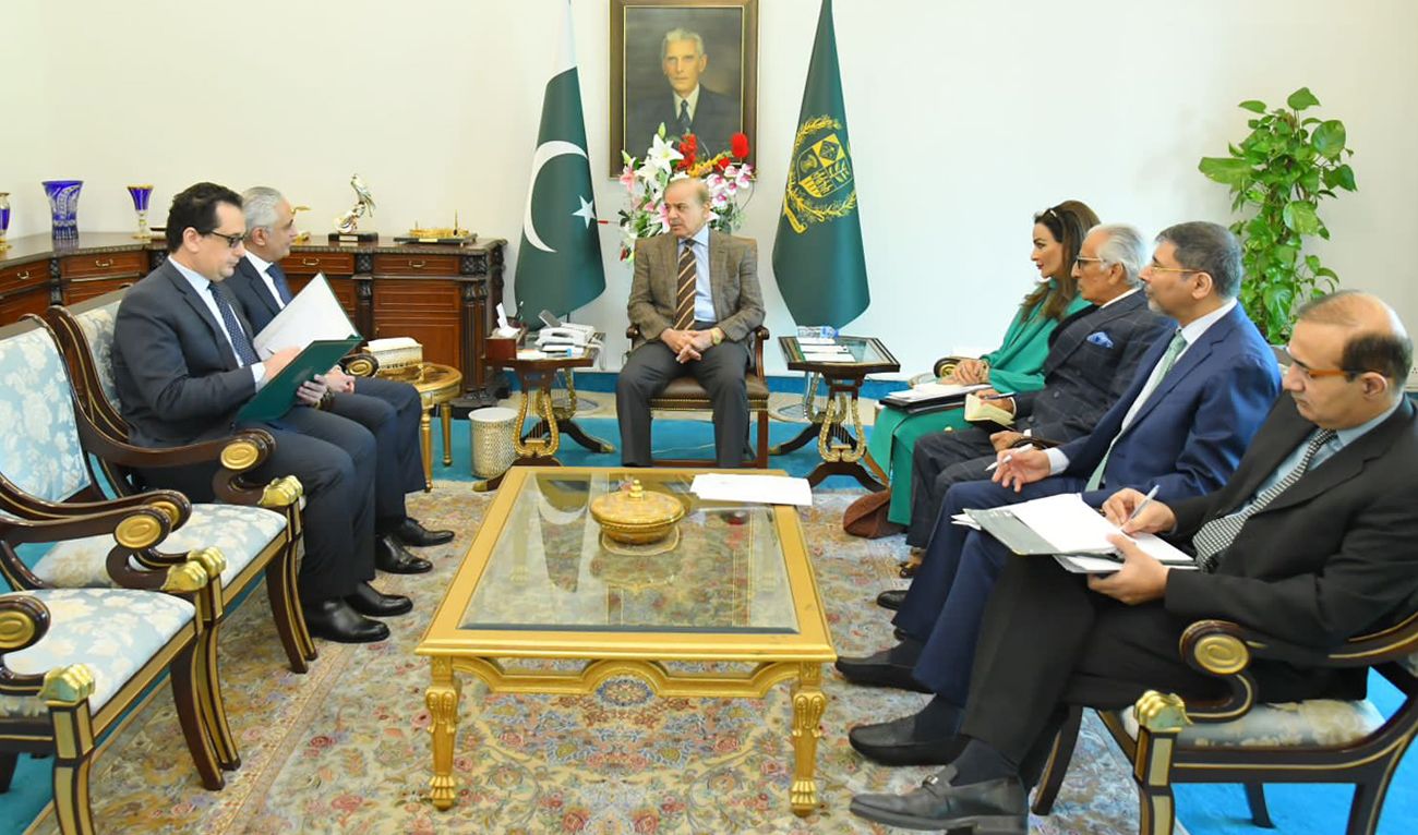 Pakistan Prime Minister Shehbaz Sharif speaks to the Egyptian ambassador Tarek Mohamed Dahroug at the Prime Minister House in Islamabad on October 27, 2022. (Government of Pakistan)