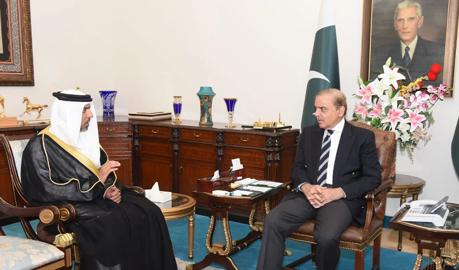 Pakistan Prime Minister Shehbaz Sharif (R) meets UAE's ambassador to Pakistan Hamad Obaid Al-Zaabi in Islamabad on September 30, 2022. (PM Office)