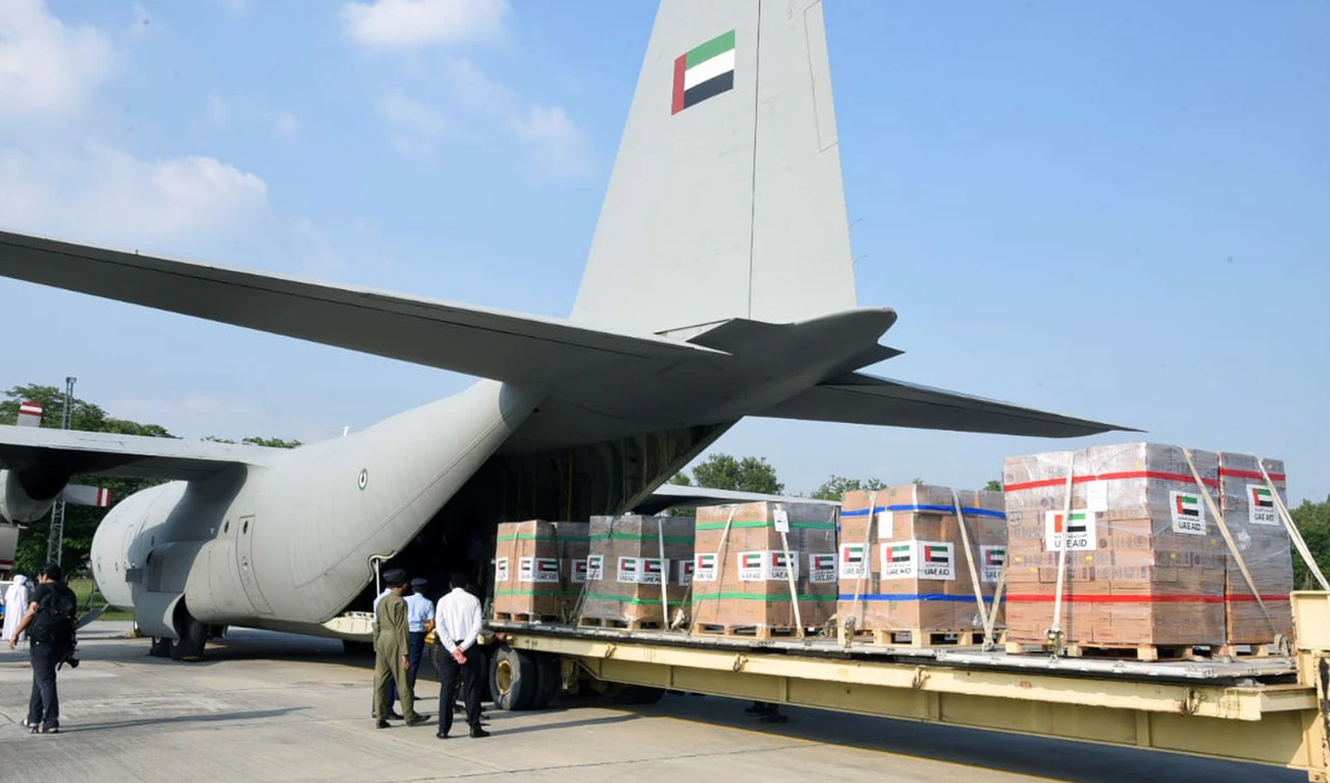 The file photo shows relief goods, for flood survivors, being offloaded from one of the two flights from UAE at the Jinnah International Airport Karachi on August 29, 2022. (Government of Pakistan/File)