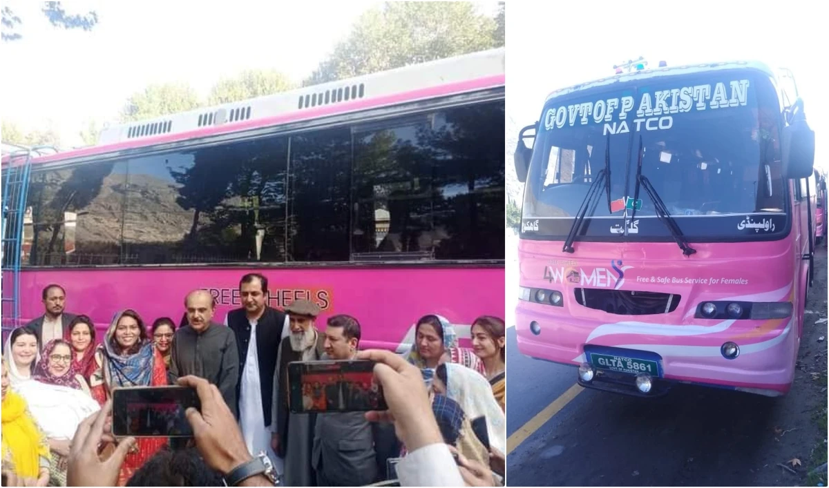 (L-R) The collage of image shows Chief Minister Gilgit-Baltistan Khalid Khurshid (right) and Chief Secretary Gilgit-Baltistan Mohyuddin Ahmad Wani pose for pictures at the launch of the women-only bus service in Gilgit-Baltistan and newly-launched bus parked at Chief Minister of Gilgit-Baltistan's office in Gilgit-Baltistan, Pakistan, on October 4, 2022. (@csgbpk/Twitter)