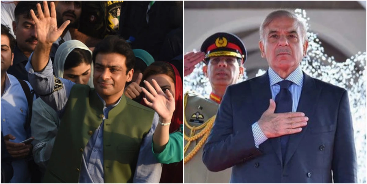 This combination of photos shows Pakistan's Prime Minister Shehbaz Sharif (R) and his son Hamza Shehbaz. (AFP)