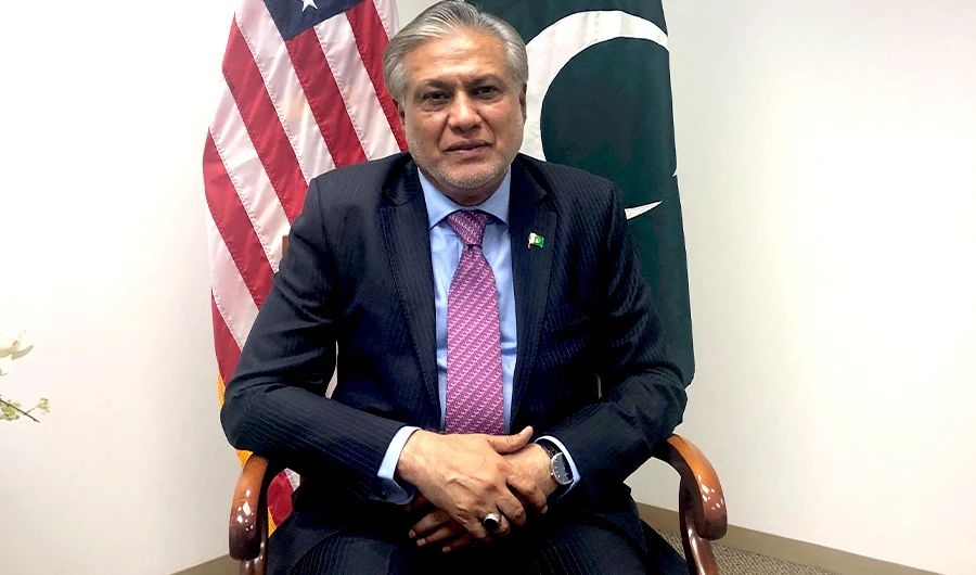 Pakistani Finance Minister Ishaq Dar speaks during an interview in Washington, DC, on October 14, 2022. (AFP)