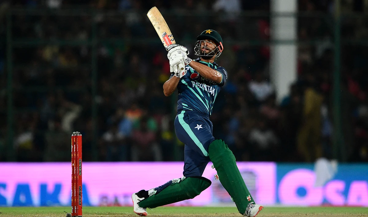 Pakistan's Shan Masood plays a shot during the fourth Twenty20 international cricket match between Pakistan and England at the National Cricket Stadium in Karachi on September 25, 2022. (AFP/File)