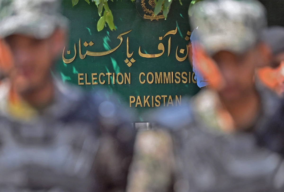 Paramilitary soldiers stand guard outside the Pakistan’s election commission building in Islamabad on August 2, 2022. (AFP/File)