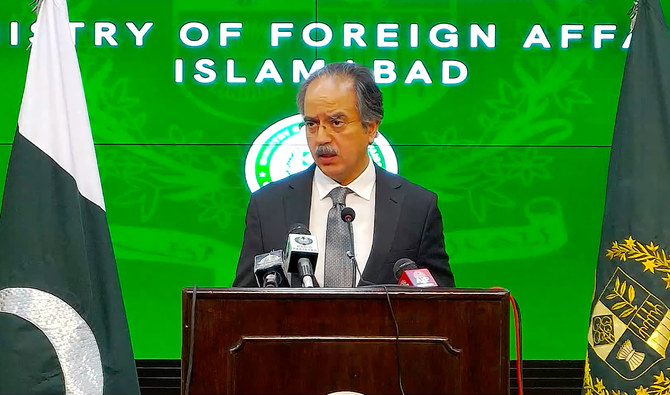 The screengrab taken from the press conference of Pakistan's Ministry of Foreign Affairs shows foreign office's spokesperson Asim Iftikhar addressing weekly media briefing in Islamabad on April 25, 2022. (MOFA/File)