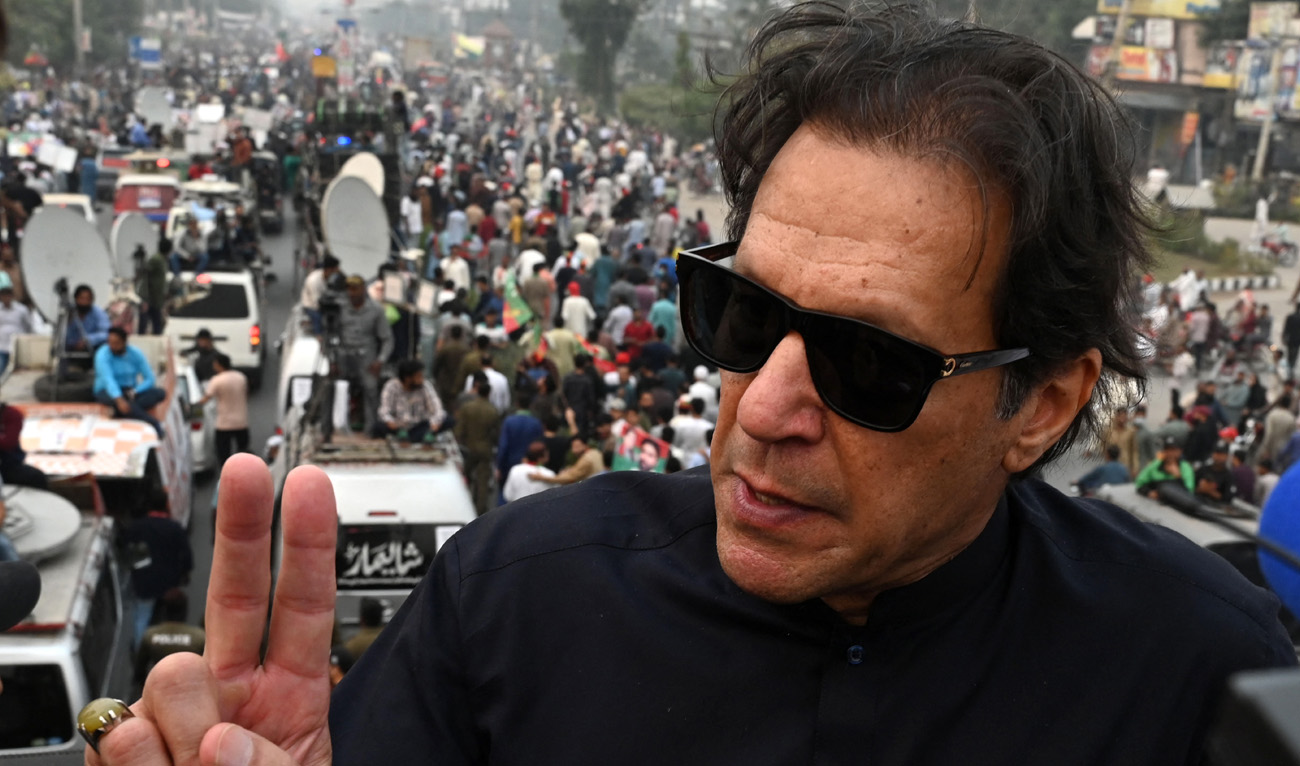 In this photograph taken on November 1, 2022, Pakistan's former prime minister Imran Khan speaks while taking part in an anti-government march in Gujranwala. (AFP/File)