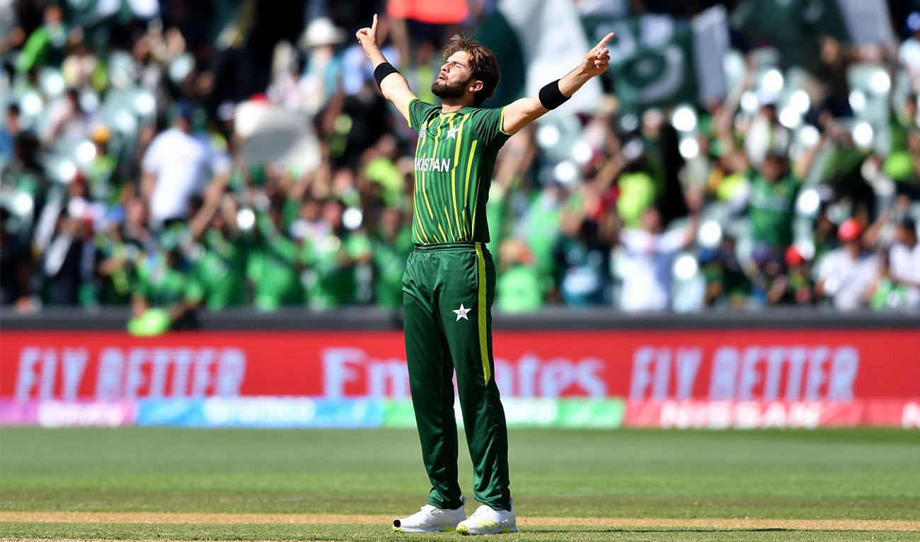 Pakistan's Shaheen Shah Afridi (R) celebrates after taking a wicket against Bangladesh during the ICC men's Twenty20 World Cup 2022 cricket at Adelaide Oval, Australia, on November 6, 2022 in Adelaide. (PCB/Twitter)