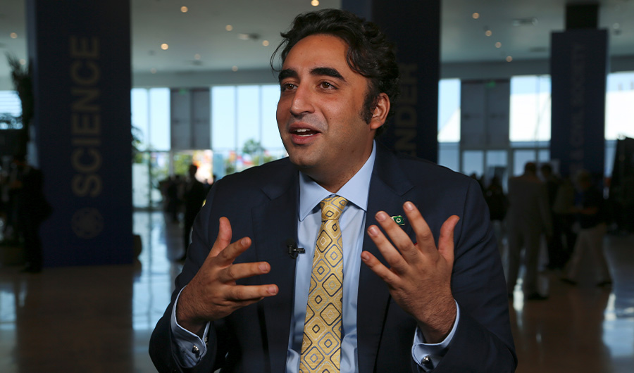 Pakistan Foreign Minister Bilawal Bhutto Zardari speaks during an interview with The Associated Press on his country's priorities at the COP27 U.N. Climate Summit, Wednesday, Nov. 9, 2022, in Sharm el-Sheikh, Egypt. (AP)
