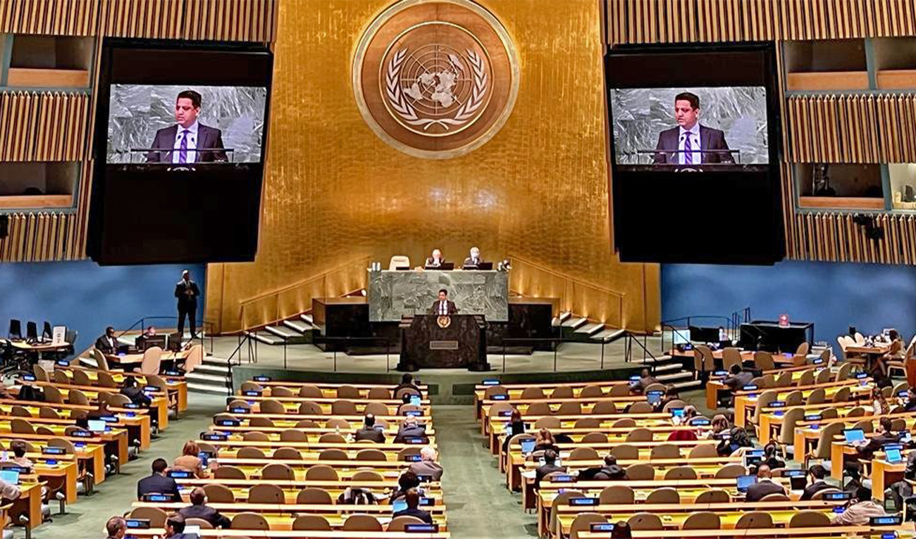 Ambassador Aamir Khan, Islamabad’s Deputy Permanent Representative at the UN, addresses a session of UNGA on on the annual report of IAEA in New York, US, on November 9, 2022. (@PakistanUN_NY/Twitter)