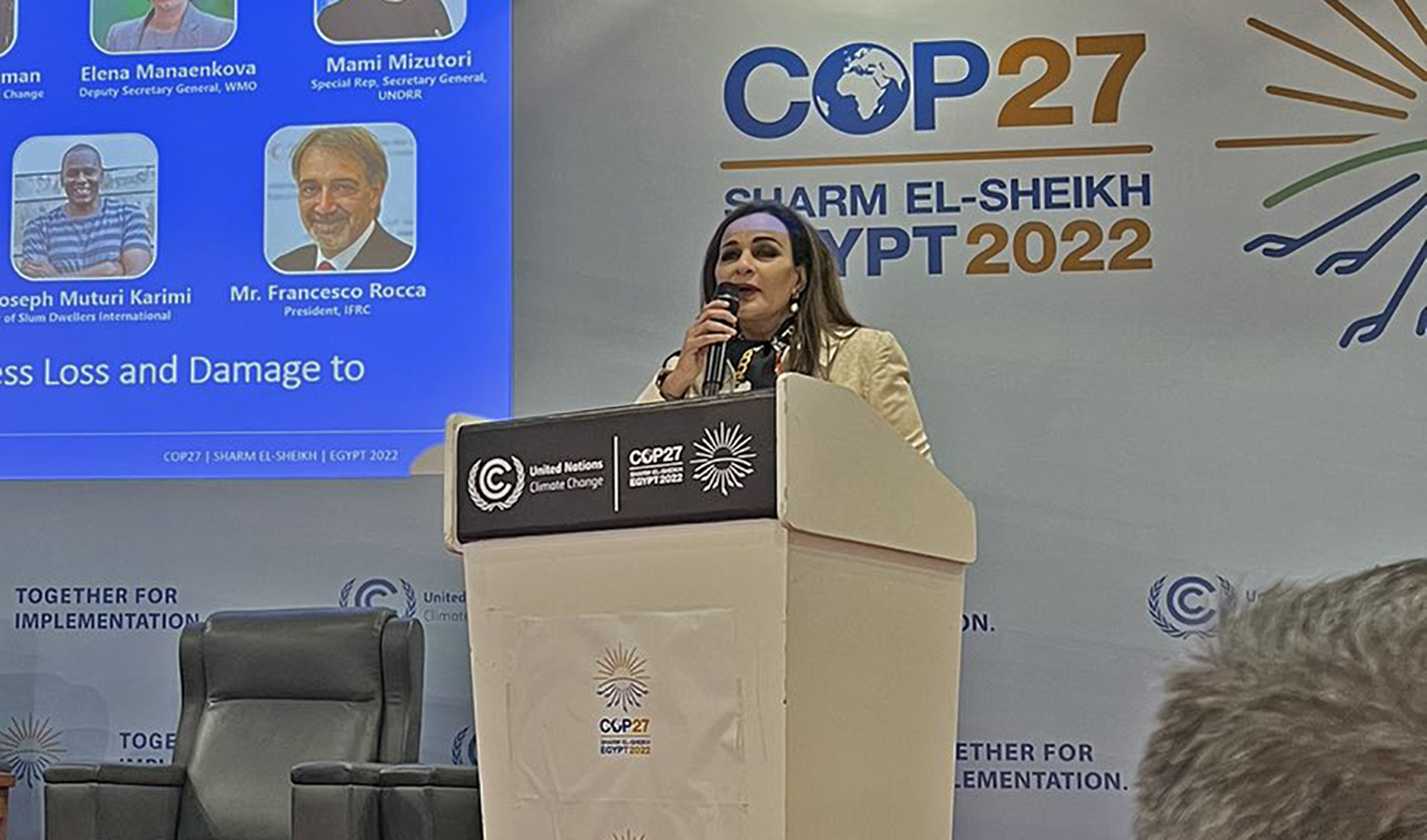Pakistan's Minister of Climate Change Sherry Rehman speaks during 2022 United Nations Climate Change Conference (COP27) in Sharm El Sheikh, Egypt on November 12, 2022. (Photo courtesy: social media)